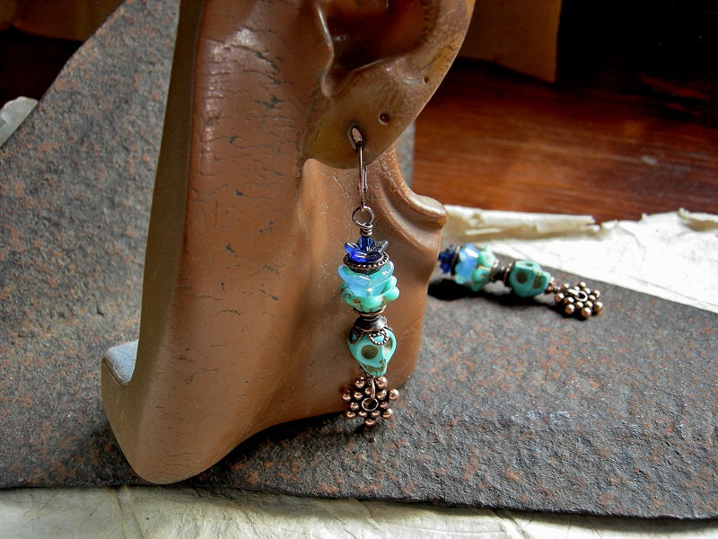 Turquoise Flower sugar skull earrings, Dia de los Muertos style, glass flowers & copper. 