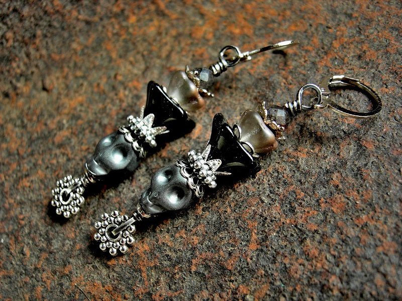 Night Queen sugar skull earrings with black & gray glass flowers, silver & faceted quartz beads. 