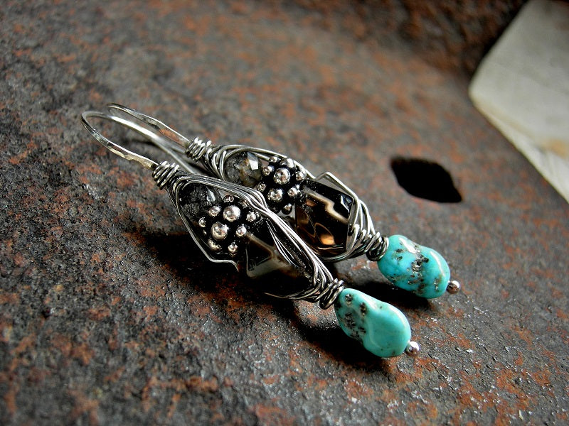 Sterling over copper Bali style beads smoky quartz & vintage Morenci turquoise wrapped hook earrings with sterling wire wrap. 