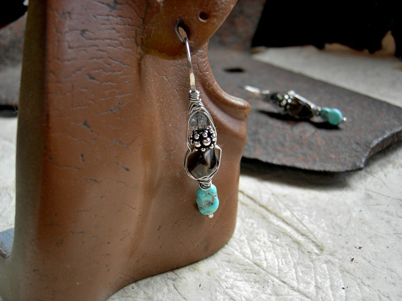 Smoky and tourmalated quartz & Morenci turquoise wrapped hook earrings with sterling wire wrap. 