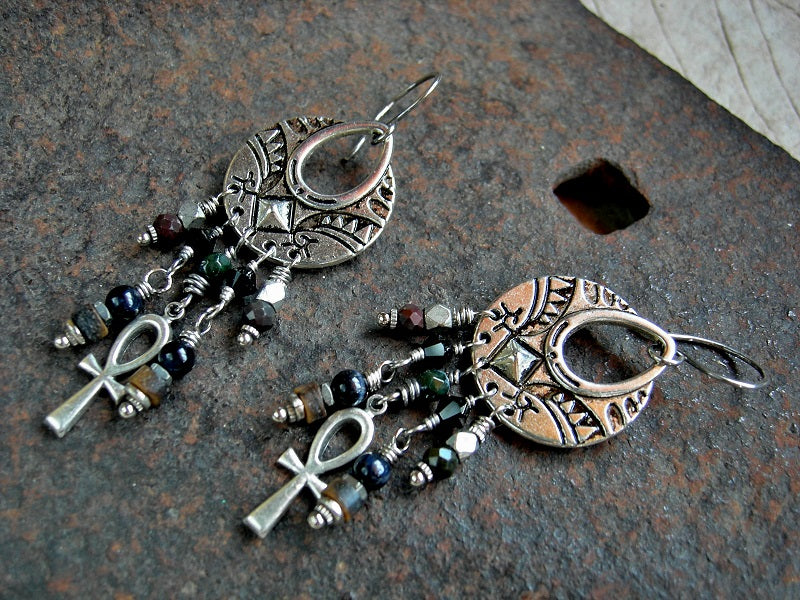 Dark Ankh Earrings, Black & Brown Gemstone Chandeliers