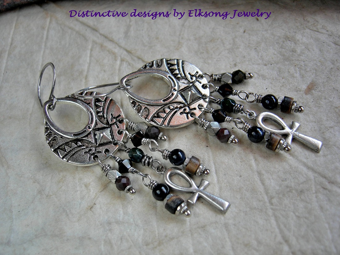 Dark Ankh Earrings, Black & Brown Gemstone Chandeliers