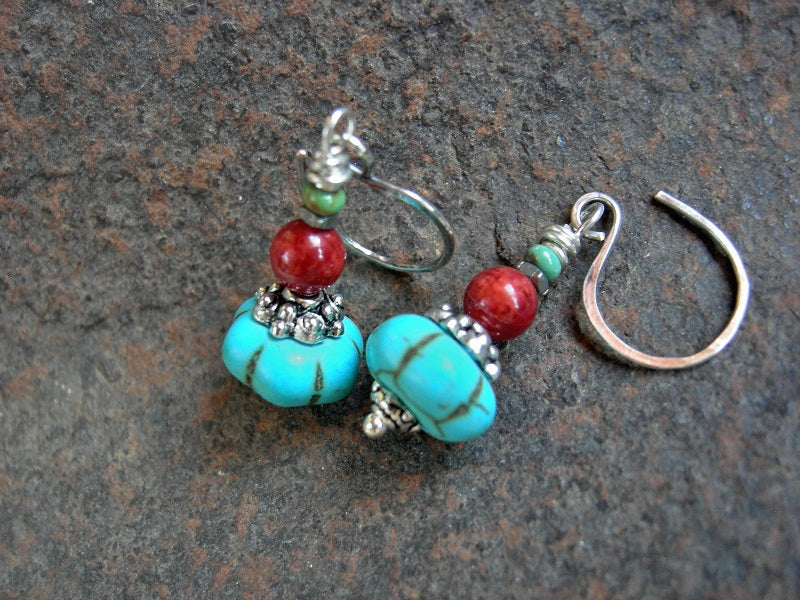 Turquoise & coral gem stack earrings with silver finish Bali style caps.