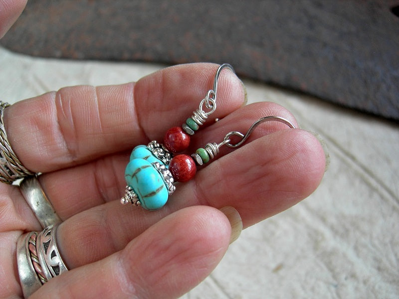 Dainty boho bead stack earrings with turquoise colored magnesite, vintage coral, turquoise & Bali style caps. 