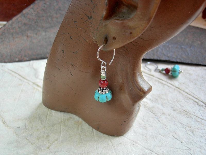 Santa Fe color gem stack earrings with turquoise colored magnesite, vintage coral, turquoise & Bali style caps. 