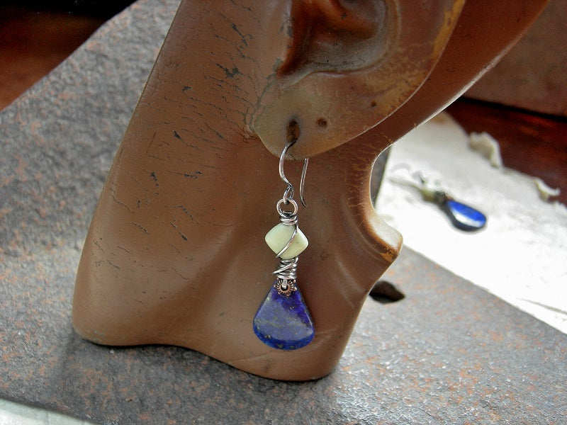 Rich blue lapis petal tab earrings with lemon variscite beads & ox sterling wire wrap. 