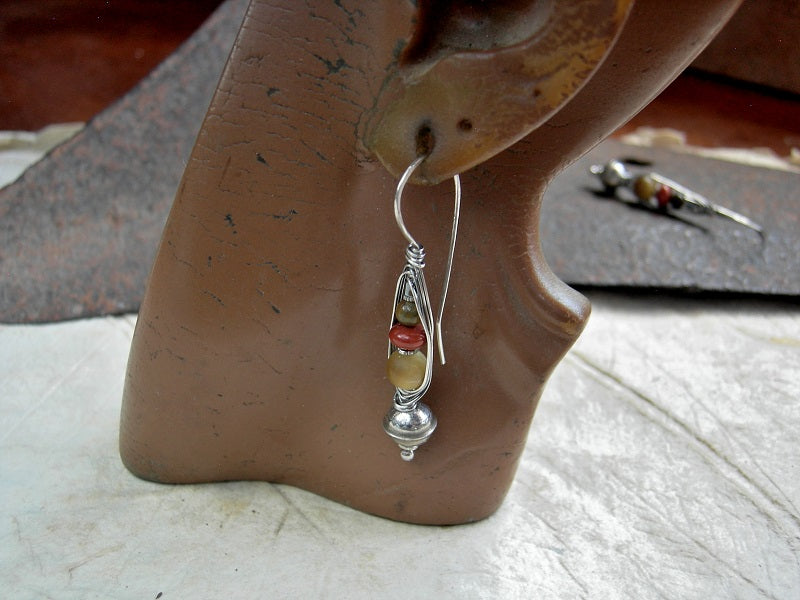 Sterling silver wrapped hook earrings with sterling bench beads, golden tiger eye, red jasper & hematite.