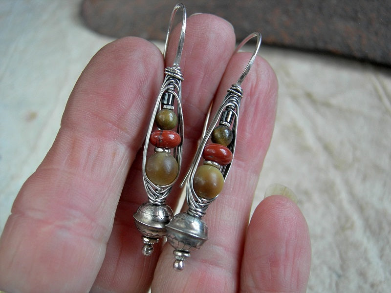 Original design sterling wrapped hook earrings with sterling bench beads, golden tiger eye, red jasper & hematite.