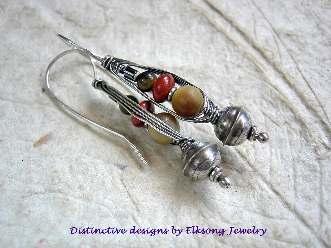 Sterling silver wrapped hook earrings with sterling bench beads, golden tiger eye, red jasper & hematite.