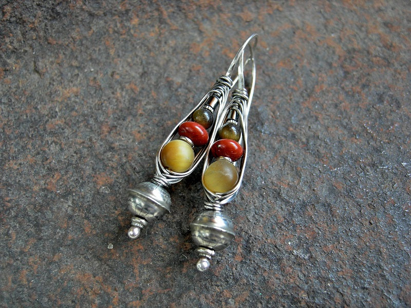 Boho elegant sterling wrapped hook earrings with sterling bench beads, golden tiger eye, red jasper & hematite.