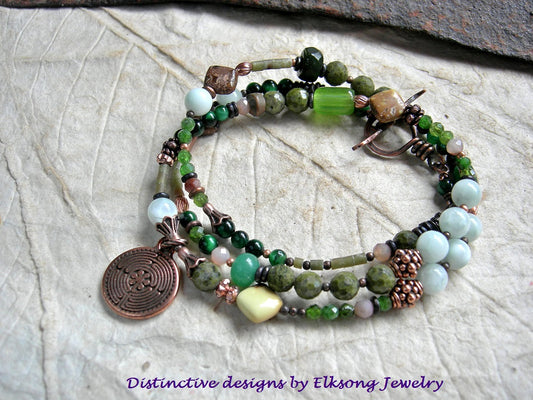 Green Maze wrap bracelet or necklace with mixed green gemstone, glass & copper beads, copper maze charm & handmade toggle clasp. 