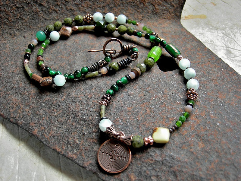 Strung bead necklace or wrap around bracelet with mixed green gemstone, glass & copper beads, copper maze charm & handmade toggle clasp. 