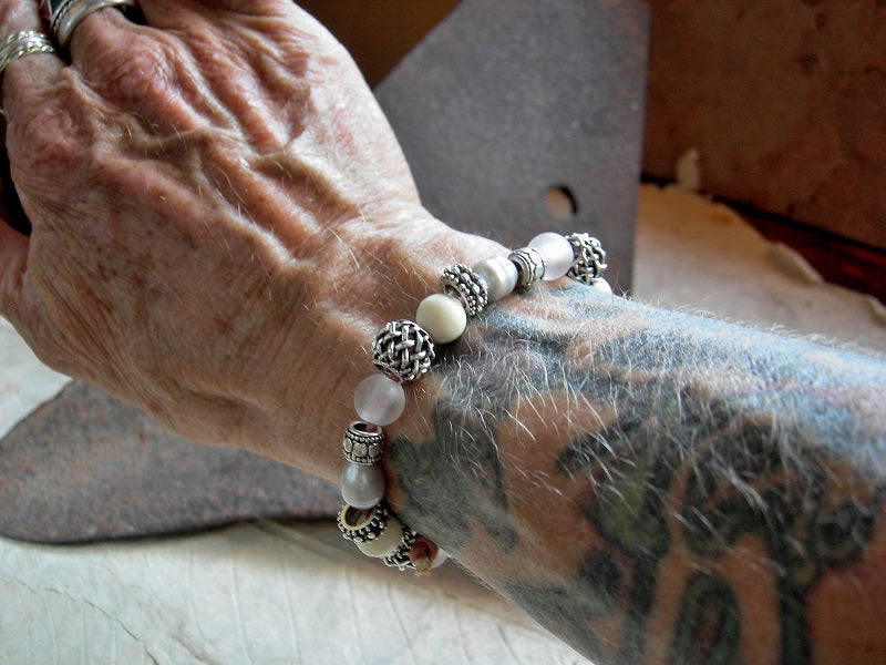 Winter White Adjustable Slide Bracelet, Pearl, Quartz & Silver