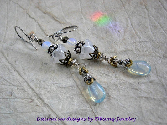 Snowdrop dangle earrings with white glass flowers, opalite, silver & bronze beads, sterling wire wrap & ear wires. 