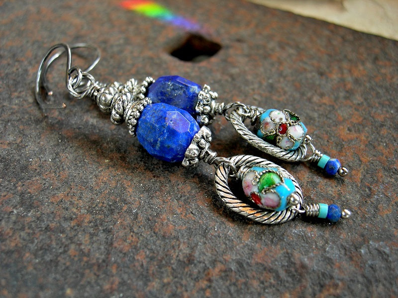 Blue Gemstone Earrings, Lapis & Cloisonne Beads, Silvery Details