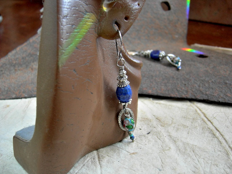 Blue Gemstone Earrings, Lapis & Cloisonne Beads, Silvery Details