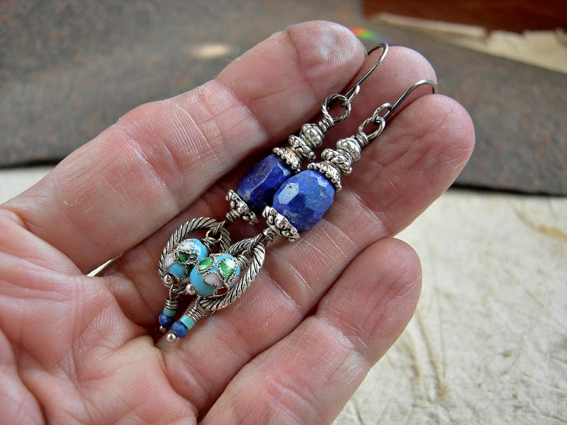 Blue Gemstone Earrings, Lapis & Cloisonne Beads, Silvery Details