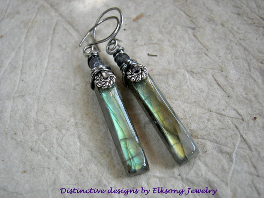 Flashy labradorite stone tab earrings with sterling wire wrap & faceted sapphire gemstone beads. 