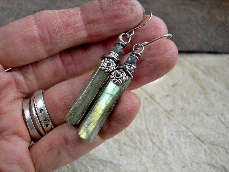 Boho luxe labradorite stone tab earrings with sterling wire wrap & faceted sapphire gemstone beads. 