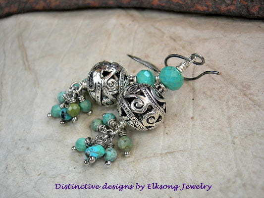 Silver filigree bead & faceted turquoise cluster style earrings. Sterling ear wires. 