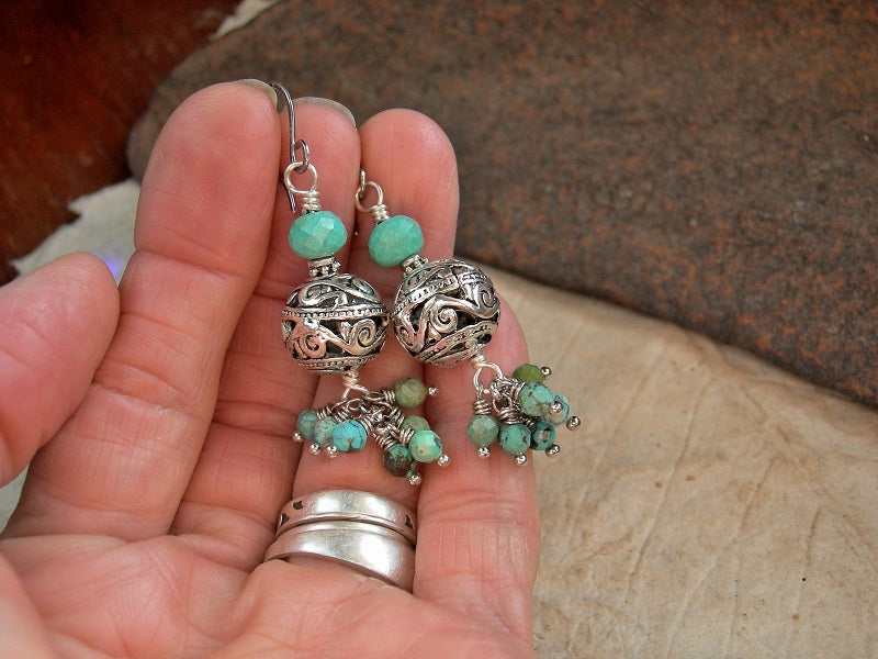 Turquoise cluster earrings with silver filigree hollow beads & handmade sterling ear wires. 