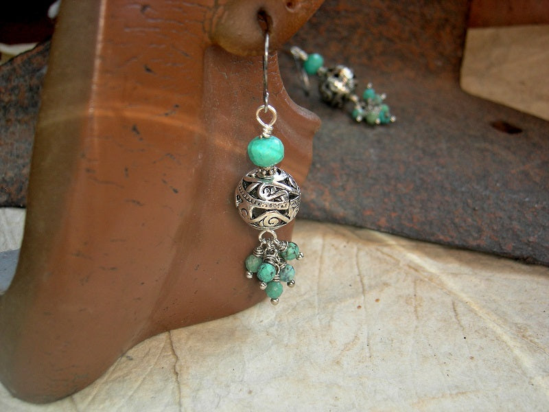 Silver filigree bead & faceted turquoise cluster style earrings with handmade sterling ear wires. 