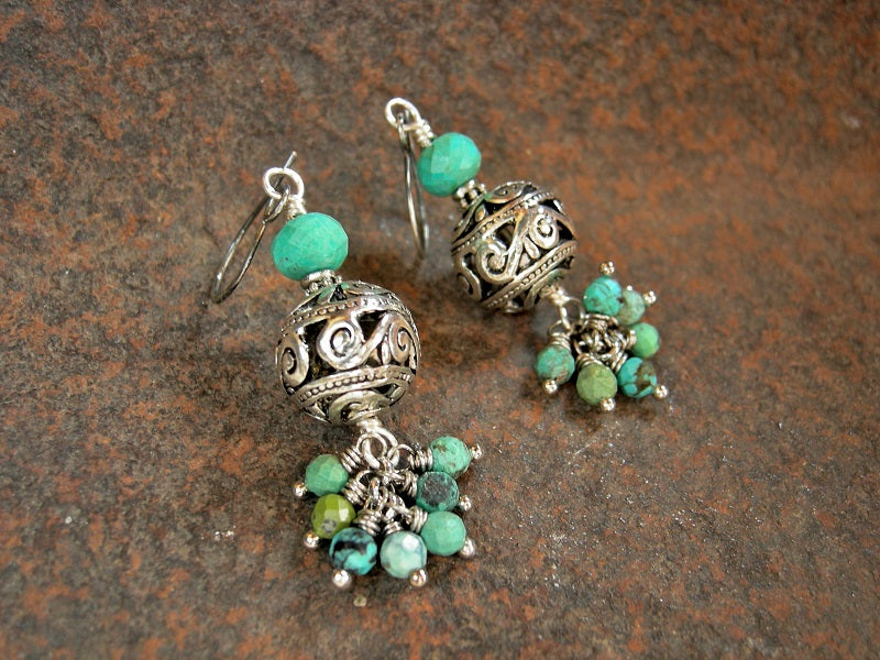 Boho luxe cluster style earrings with silver filigree bead & faceted turquoise. Sterling ear wires. 