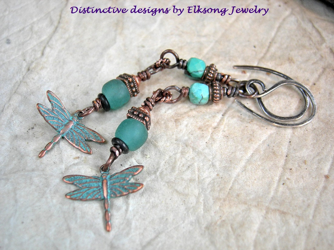 Spring Sky earrings with faceted turquoise, copper & aqua Java glass beads, copper verdigris dragonfly charms, handmade sterling ear wires. 