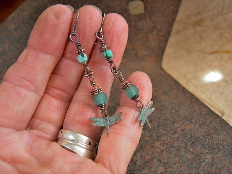 Dainty boho earrings with faceted turquoise, copper & aqua Java glass beads, copper verdigris dragonfly charms, handmade sterling ear wires. 