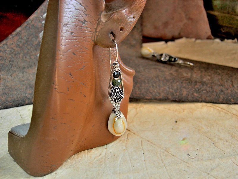 Boho wrapped sterling hook earrings with natural cowrie shells, faceted jade, black toumaline & Bali style sterling-over-copper bi-cone beads. 