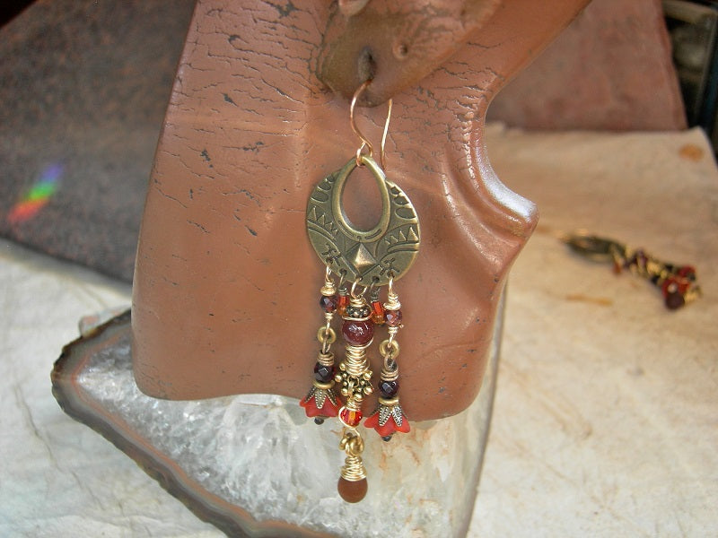 Orange Blossom chandelier earrings with gemstone, amber & glass beads, 22kt gold ear wires. 