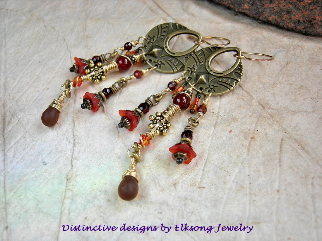 Orange & brass chandelier earrings with gemstone, amber & glass beads, 22kt gold ear wires. 