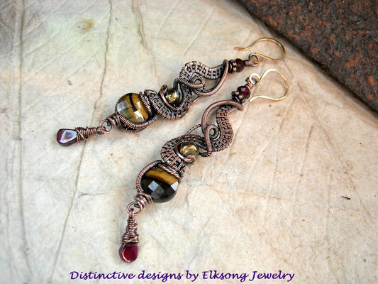 Mellow, fall color copper wire wrap earrings with faceted tiger eye, garnet & colored freshwater pearls