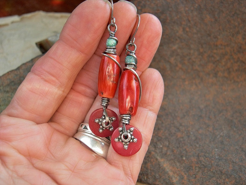 Boho luxe coral earrings with sterling wire wrap, faceted turquoise cube beads & silver finish Bali style star facers. 