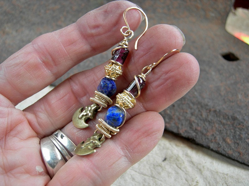 Boho luxe faceted lapis & garnet earrings with 22kt gold-over-copper beads, golden brass wire wrap & vintage ethnic brass crescent charms. 