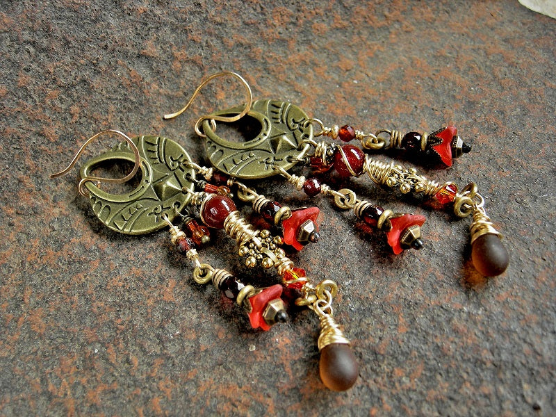 Boho luxe orange & brass chandelier earrings with gemstone, amber & glass beads, 22kt gold ear wires. 