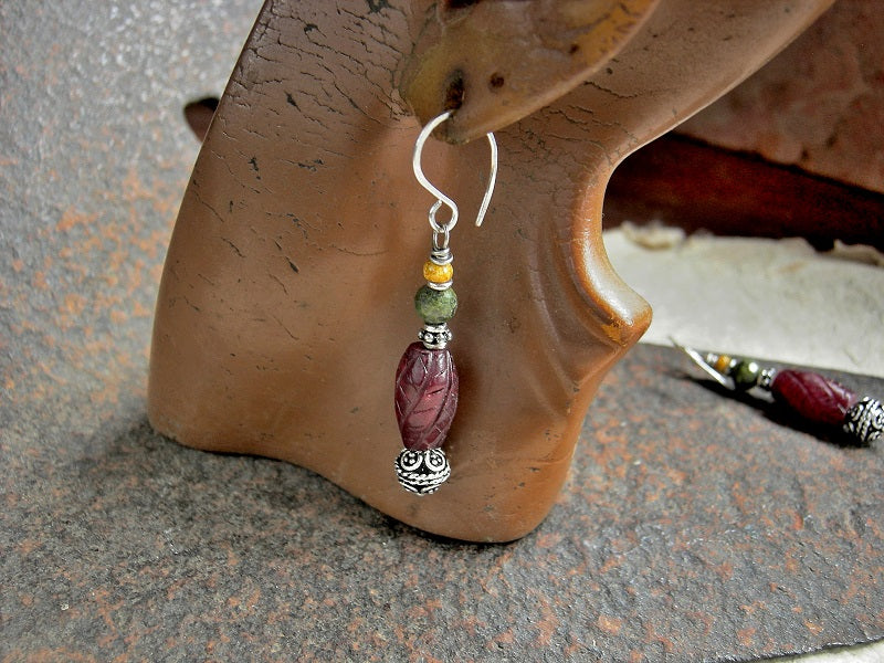 Carved red agate & green epidote bead stack earrings. Sterling-over-copper Bali style beads & spacers, sterling ear wires. 