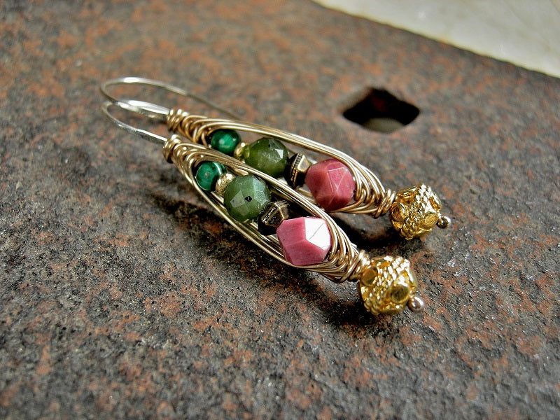 Pea pod style wrapped hook earrings with pink & green gemstone, 22kt gold-over-copper beads, sterling ear hooks, 14kt gold filled wire wrap.