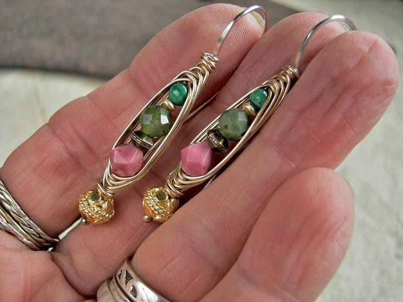 Sterling silver & 14kt gold filled wire wrap hook earrings with pink & green gemstone, 22kt gold-over-copper beads.