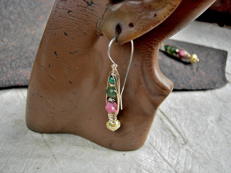 Rose Bud wrapped hook style earrings with pink & green gemstone, 22kt gold-over-copper beads, sterling ear hooks, 14kt gold filled wire wrap.