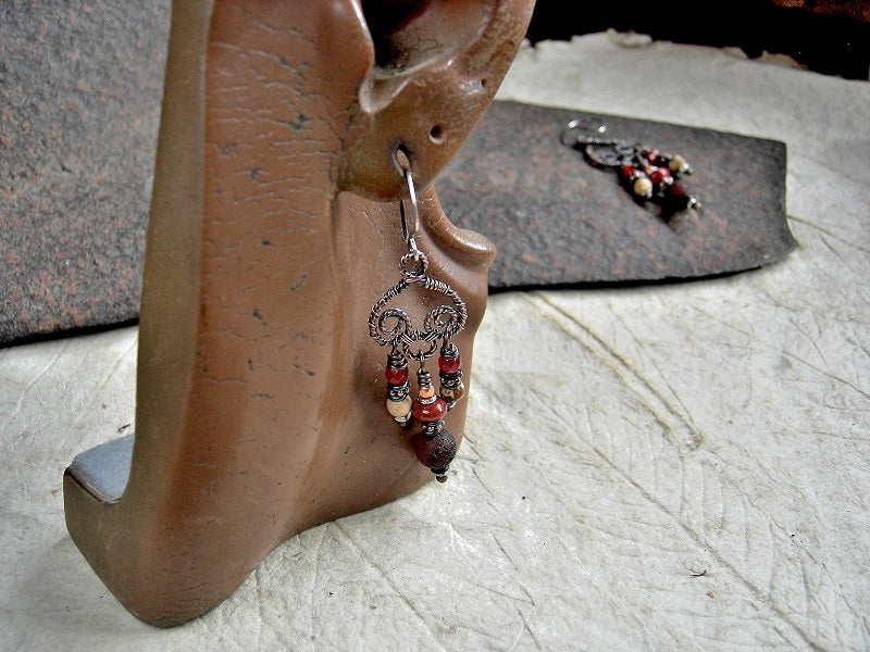 Russet  chandelier earrings with handmade copper hangers, carnelian, red & picture jasper and copper beads. 