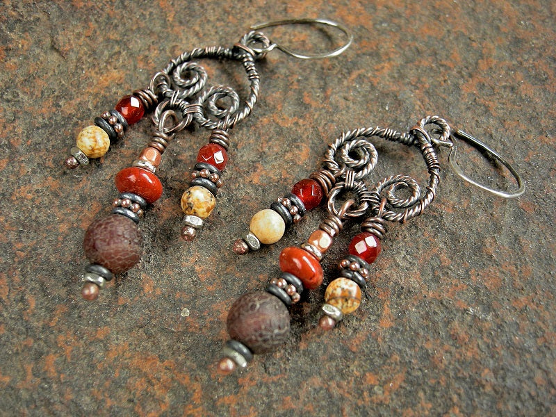 Chandelier earrings with handmade copper hangers and earthy carnelian, red & picture jasper and copper beads. 