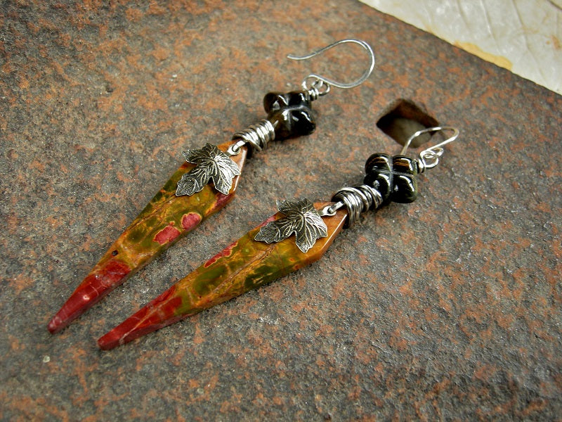 Blood Tipped Stone Tab Earrings, Red Creek Jasper Daggers