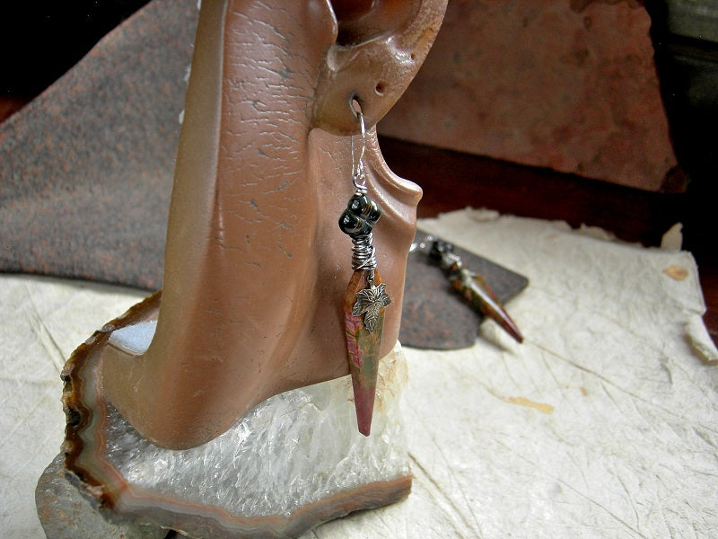 Blood Tipped Stone Tab Earrings, Red Creek Jasper Daggers