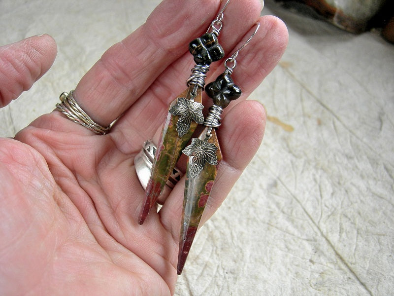 Blood Tipped Stone Tab Earrings, Red Creek Jasper Daggers