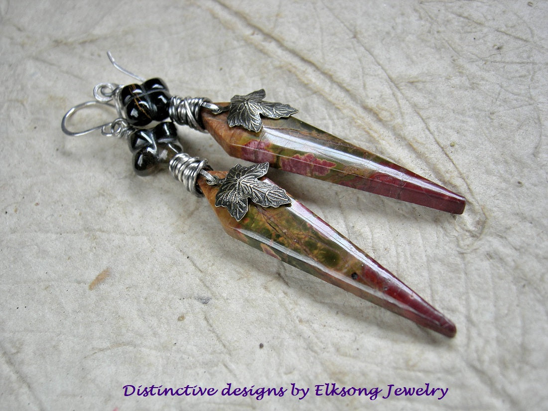 Blood Tipped Stone Tab Earrings, Red Creek Jasper Daggers