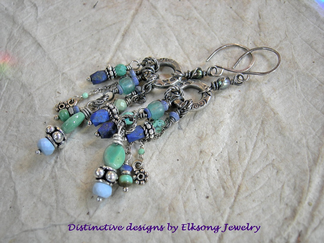 Lavish Swag chandelier earrings with stamped silver rings, mixed blue gemstone & sterling-over-copper beads. 