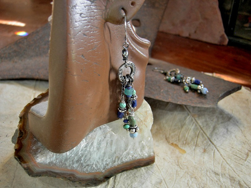 Lavish Swag chandelier earrings with stamped silver rings, mixed blue gemstone & sterling-over-copper beads. 