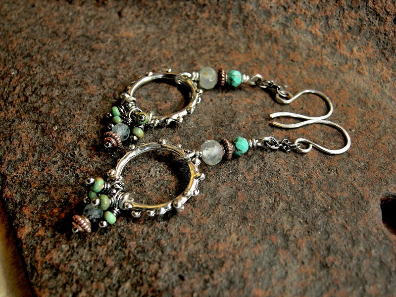 Boho Turquoise & Aquamarine Earrings, Dainty Clusters & Silver Rings