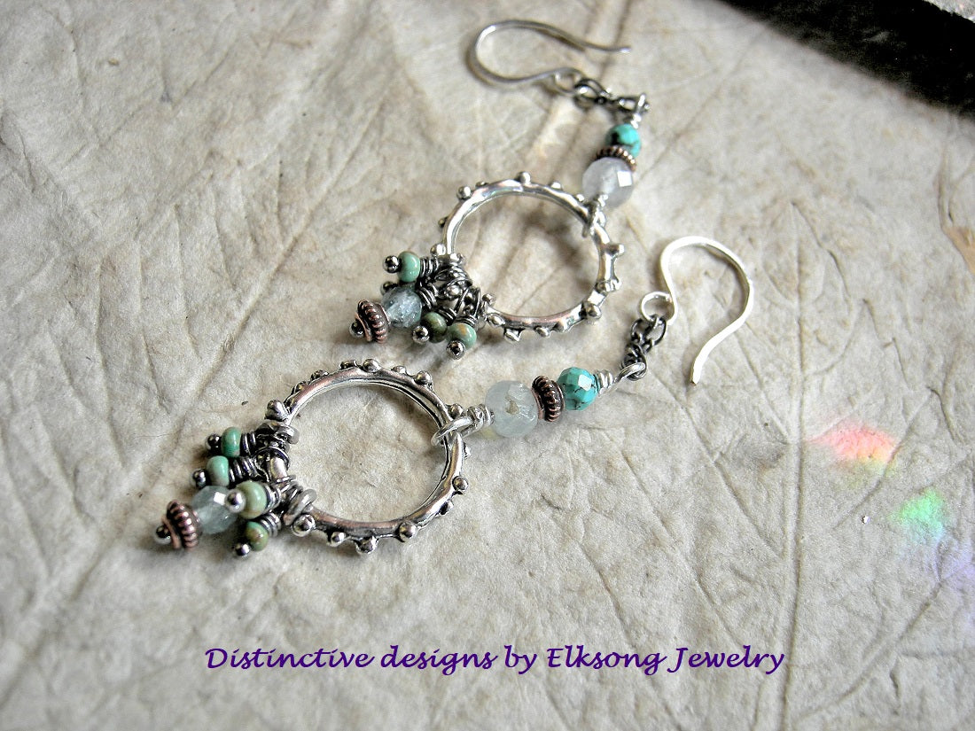 Boho Turquoise & Aquamarine Earrings, Dainty Clusters & Silver Rings